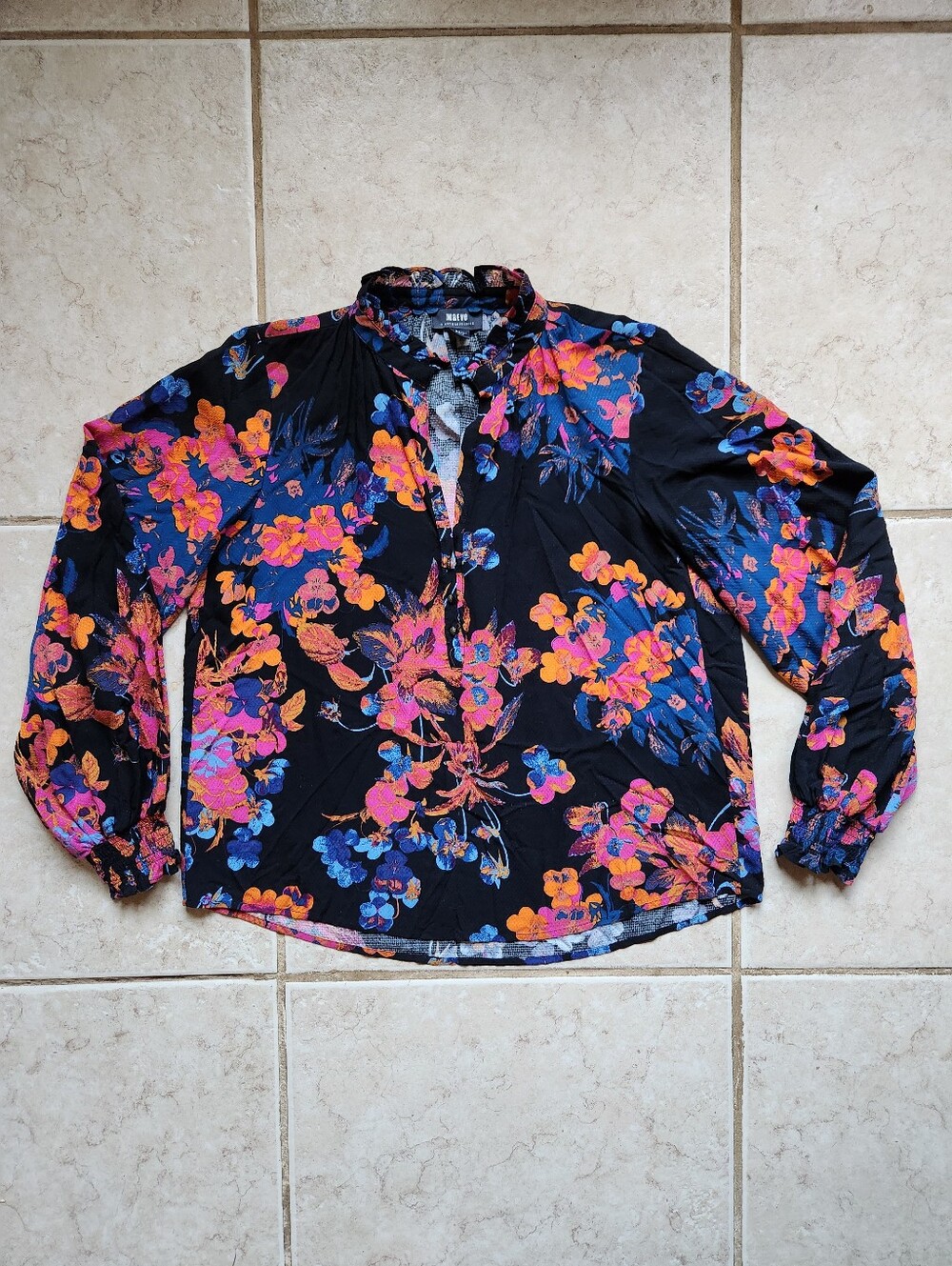 Maeve Anthropologie Floral Split Neck Blouse XS Black Blue Pink
